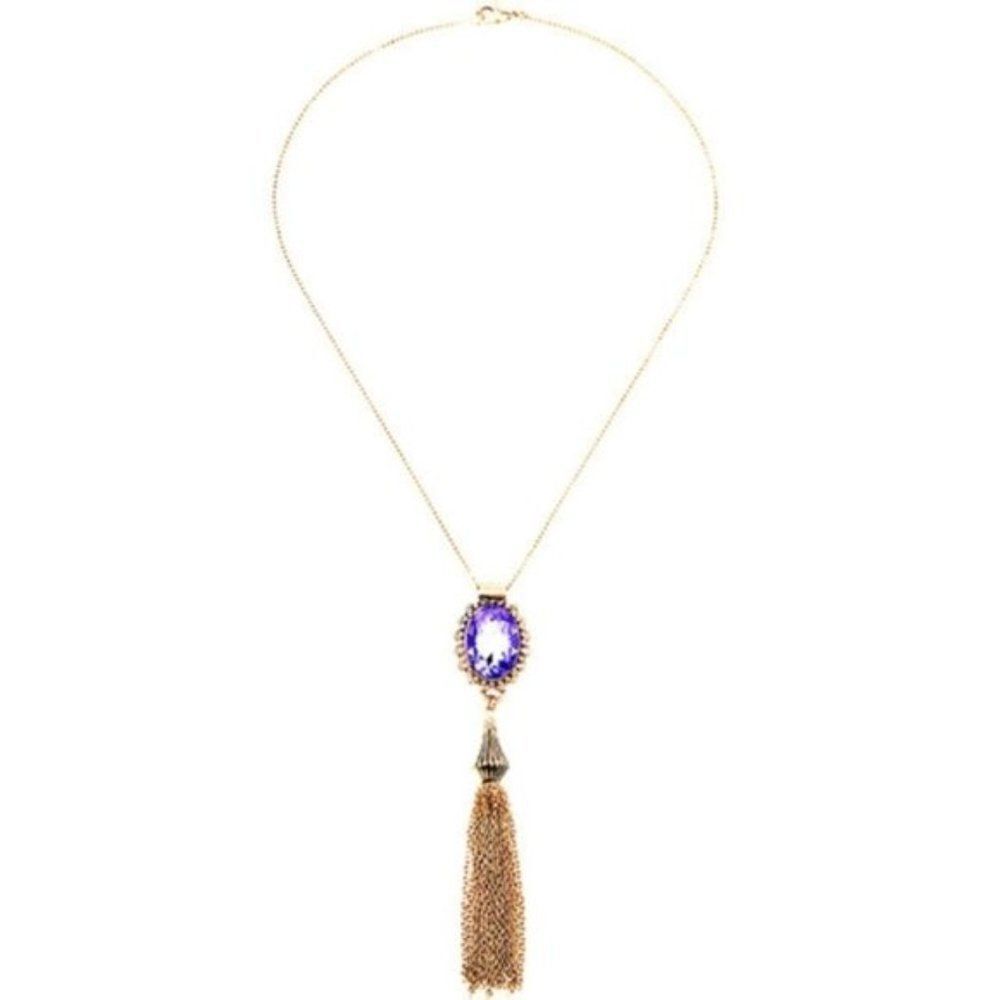 Bright Purple Tassel Fringe Vintage Gold Lariat Pendant Statement Necklace